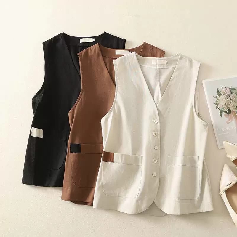 Реальный снимок женского жилета из хлопка и льна, короткий стиль, весенне-летняя корейская версия 2025 года, жилет без рукавов в стиле ретро для мам среднего возраста, тонкий жилет верхней одежды.