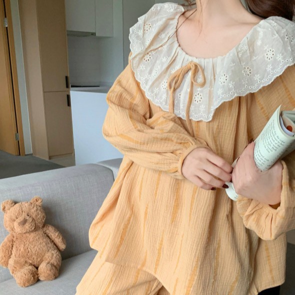 韩国ins女士春秋新品韩版甜美纱宽松舒适长袖睡衣套装家居服批发|undefined