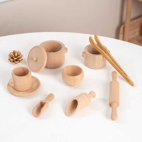 Wooden play house tea set log sensory box toys simulation children's kitchen kitchen utensils educational toy set cross-border