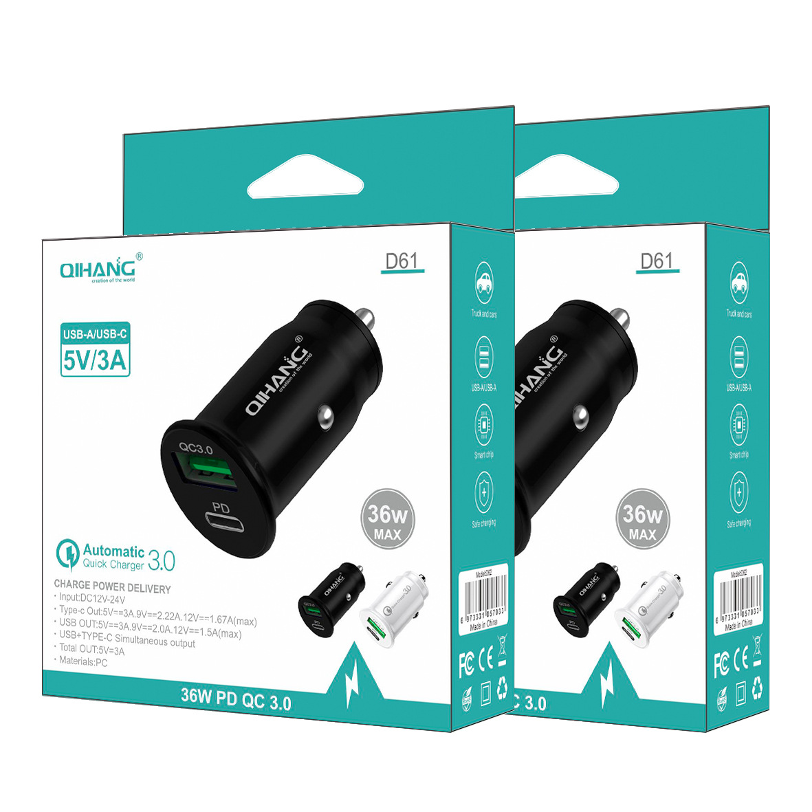 QIHANG 跨境电商爆款车载双口QC3.0USB18W+PD18W超级快充可印LOGO