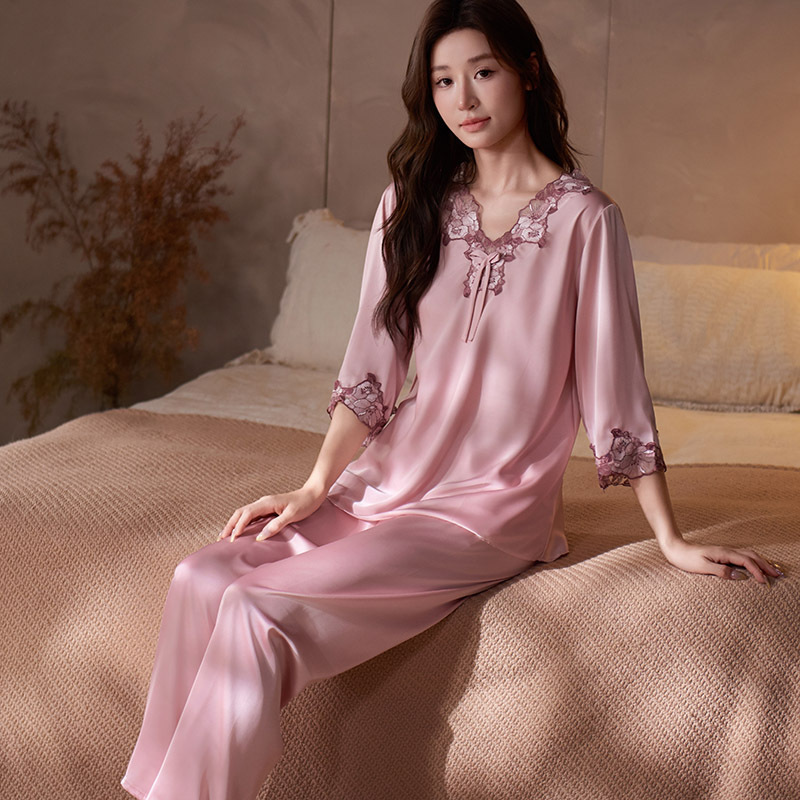2026 New Ice Silk Women's Pajamas Long-Sleeved Long Pants Lace Print High-End Comfortable Thin Home Wear Set