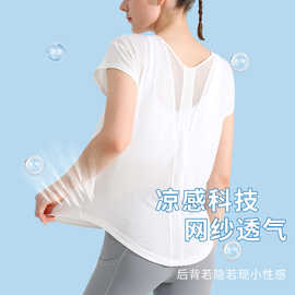 夏季凉感透气运动健身上衣短袖宽松跑步舞蹈速干罩衫女士瑜伽t恤