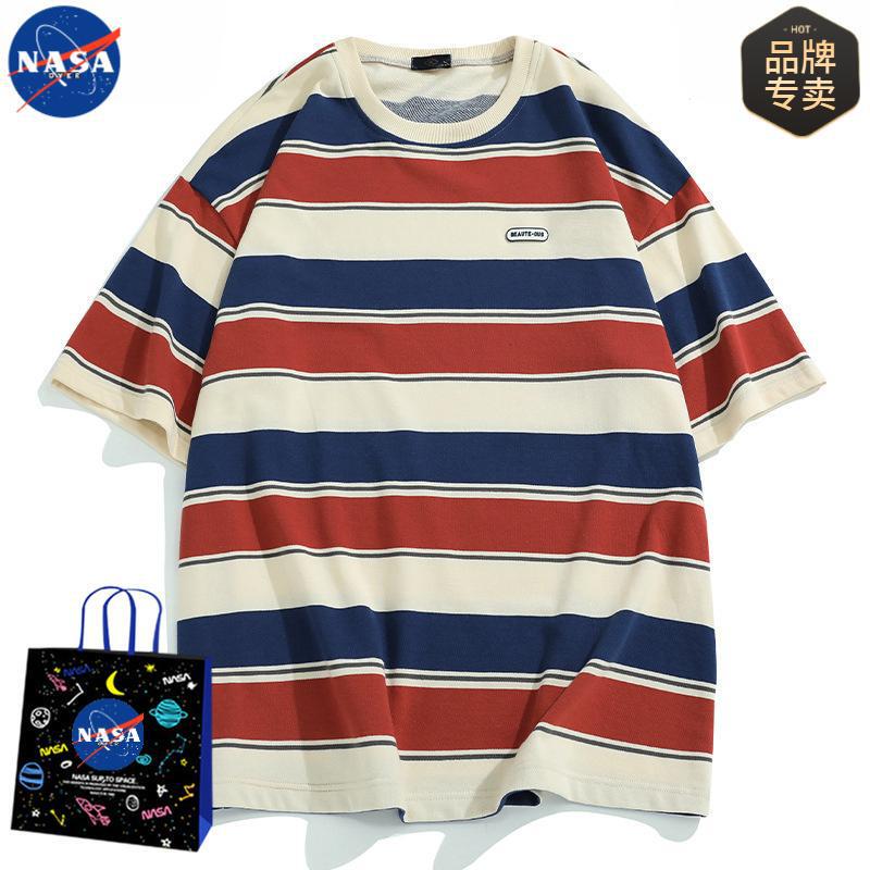 NASA Joint Striped Short-sleeved T-shirt Men's Japanese Style Trendy Brand Loose Couple High-grade Half-sleeved Pure Cotton Chinese Good T-shirt