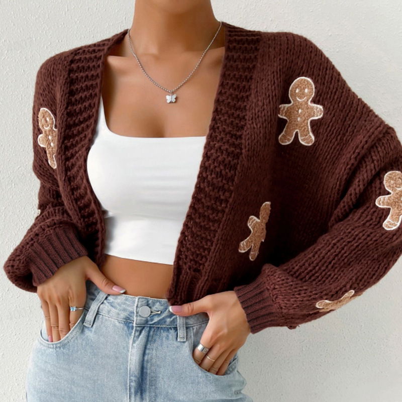 Foreign Trade Cross-Border Amazon Temu Source Manufacturer Cookie Man Pattern Sweater Women's Knitwear Short Cardigan Spring and Autumn