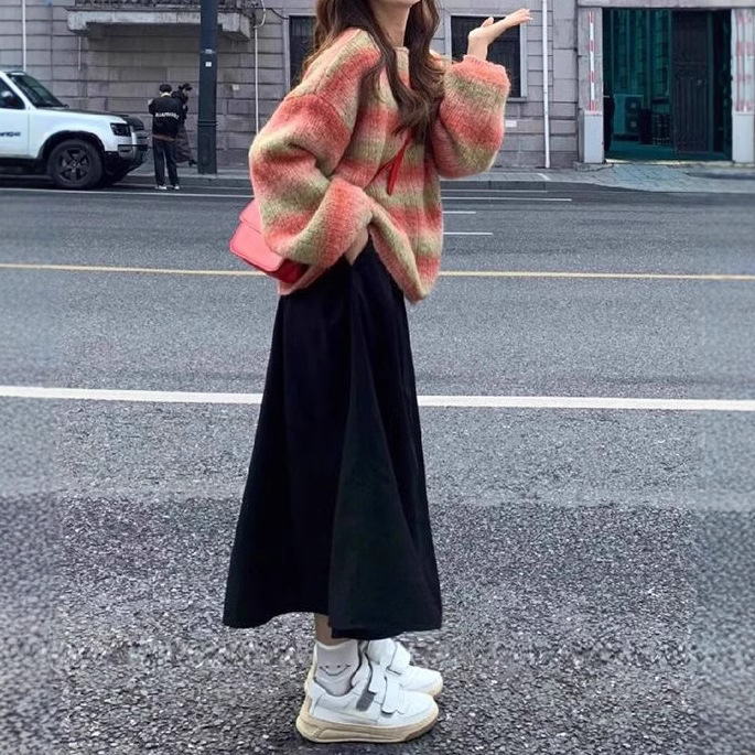 渐变撞色彩虹条纹圆领长袖套头毛衣打底衫通勤休闲针织衫内搭上衣|undefined