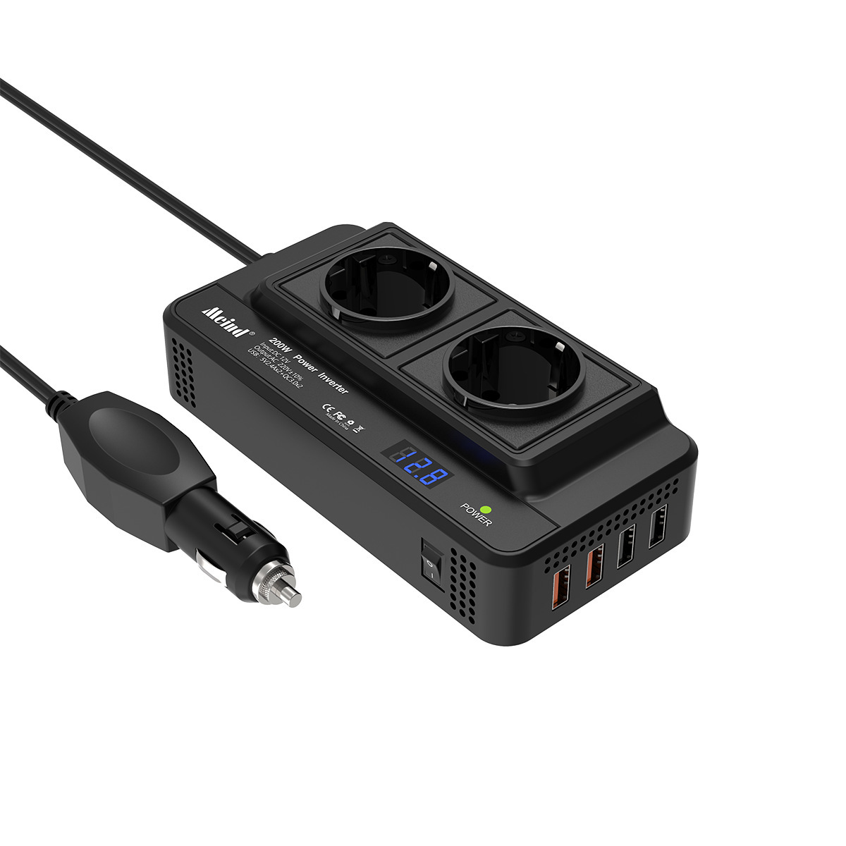 热销200W车载逆变器排插逆变器欧规插座快充QC3.0点烟器