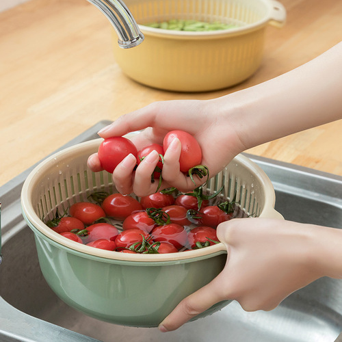 Nordic double-layer drain basket vegetable basket household living room fruit basket portable plastic fruit and vegetable drain basket