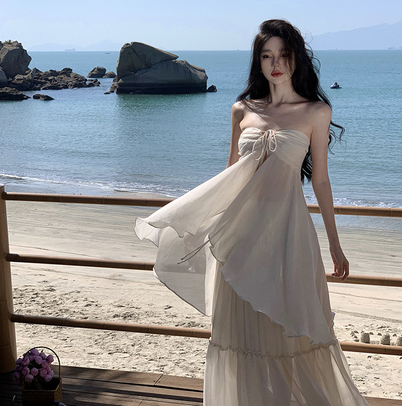 Pure desire style halter tube top seaside holiday dress high-grade sense of atmosphere large swing elegant fairy photography suit skirt
