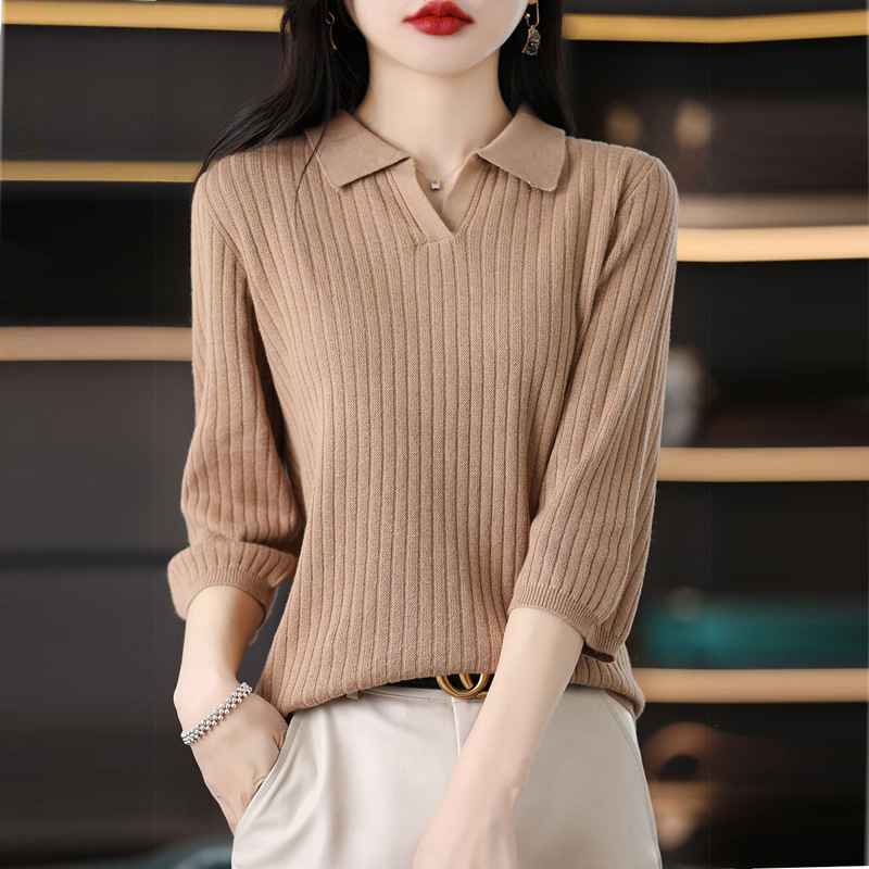 Cross-Border 2025 Autumn Cotton Polo Collar Knit Top with Three-Quarter Sleeves for Women, Loose Fit, Slimming Inner Wear