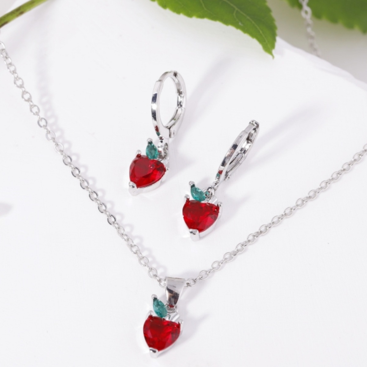 Fruit Earring Necklace Set Colorful CZ Zircon Earrings Grape Cherry Piercing Jewelry Gold detail image 27