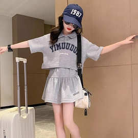 2026新款女童百搭时尚短裙套装夏季新款中大童时髦字母翻领Polo衫