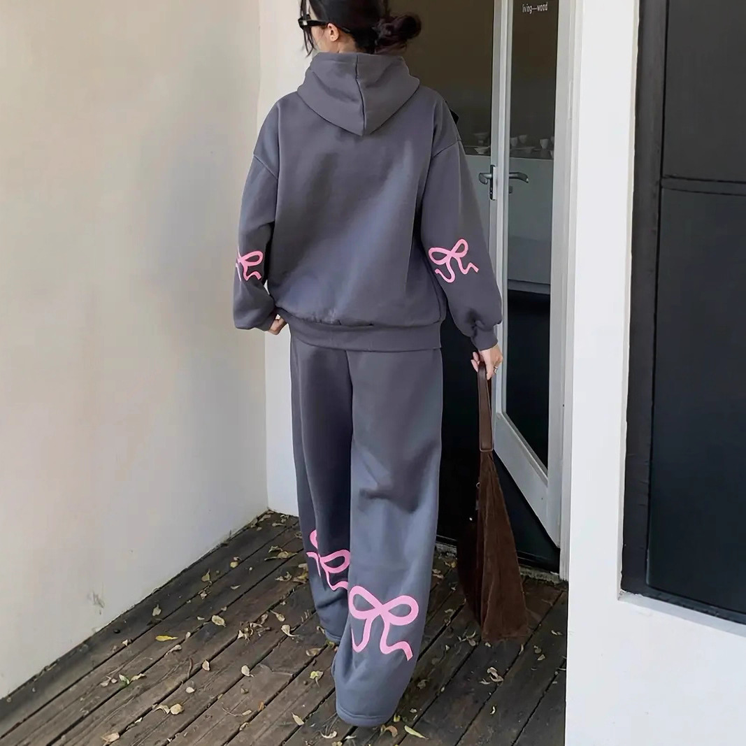 Trendy Printed Hoodie & Jogger Pants Set - Soft Polyester Fabric, Comfortable & Stylish Two-Piece Outfit For Men & Women (Grey, Butterfly Print)_ecoleips.com