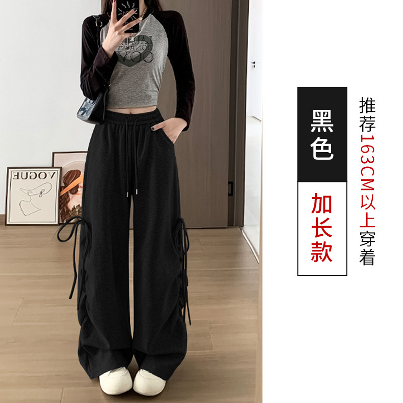 美式复古侧边抽皱蝴蝶结运动裤女春秋宽松显瘦直筒裤休闲阔腿卫裤|undefined