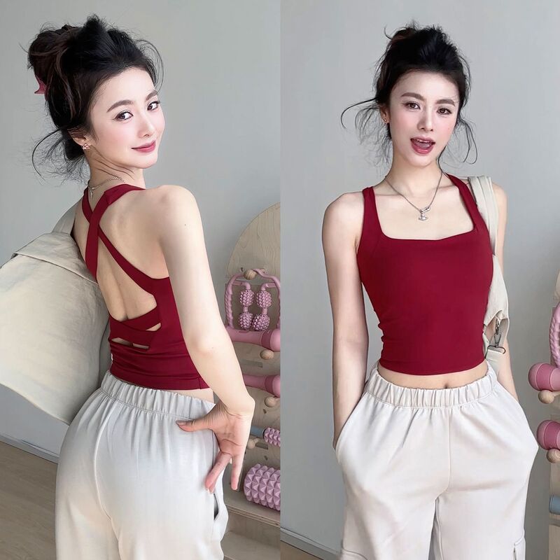 Cross Back Yoga Vest with Chest Pad Running Fitness Clothing Summer Backless Fitness Top Sports Bra Outer Wear