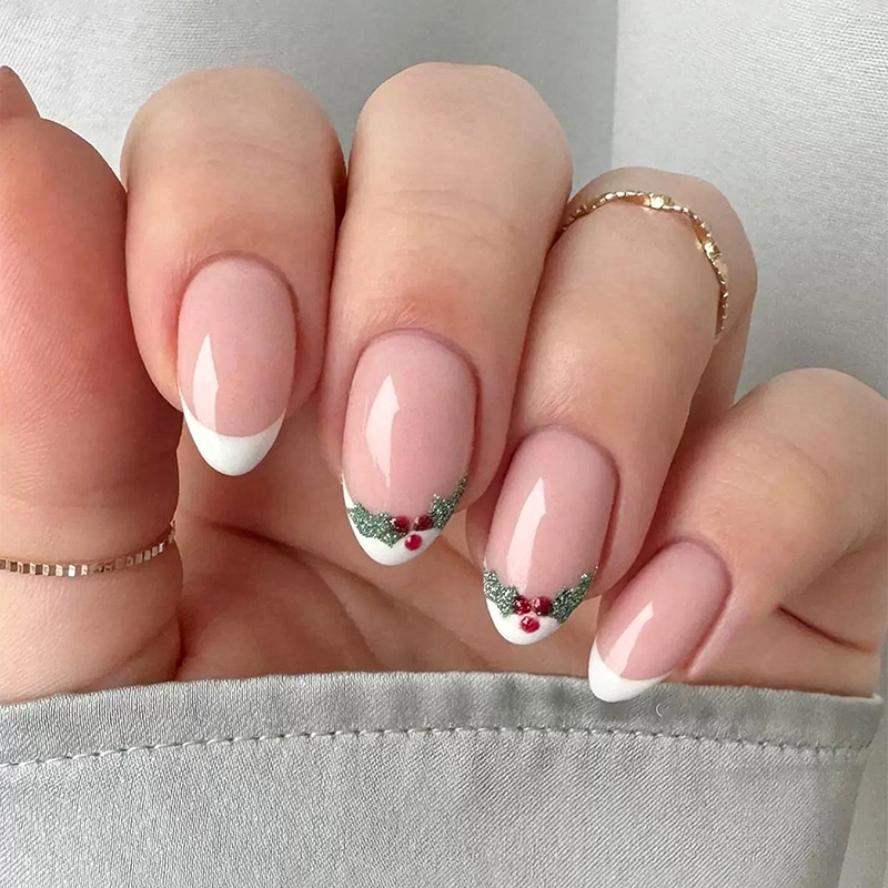 跨境热销30片法式穿戴甲短杏仁绿色闪粉立体高品质纯手美甲甲片