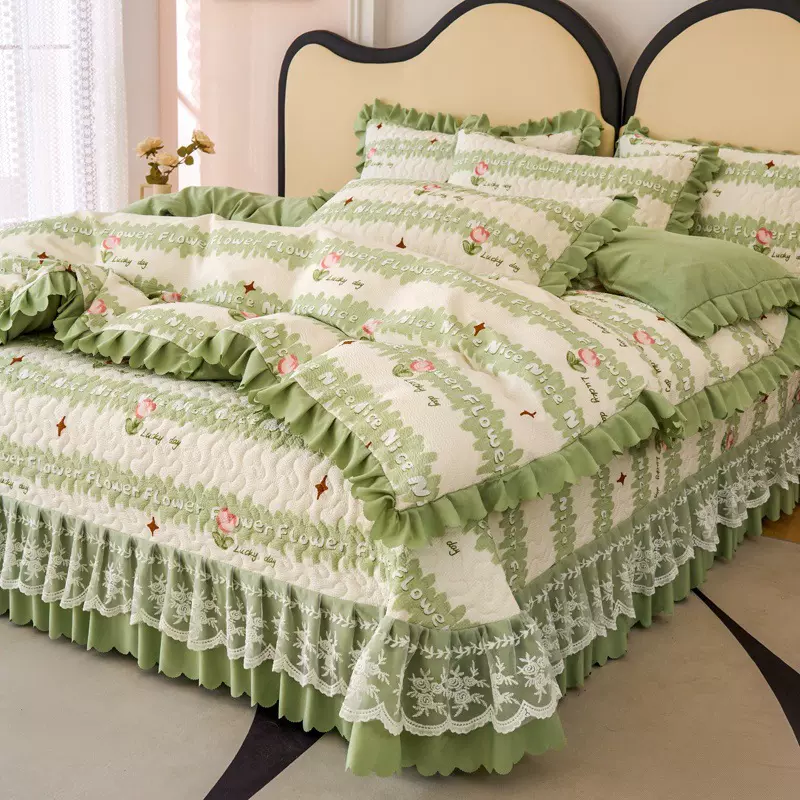 A类泡泡棉床盖四件套韩式公主风夹棉床单三件套蕾丝花边公主被套