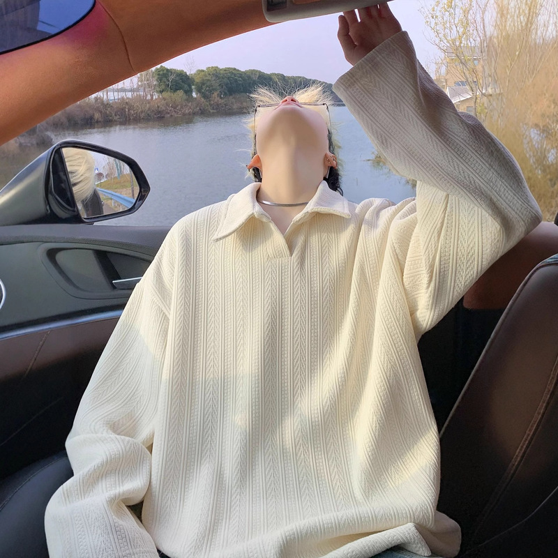 麦穗纹Polo领卫衣男春秋季2025新款美式潮牌宽松重磅长袖T恤外套|undefined