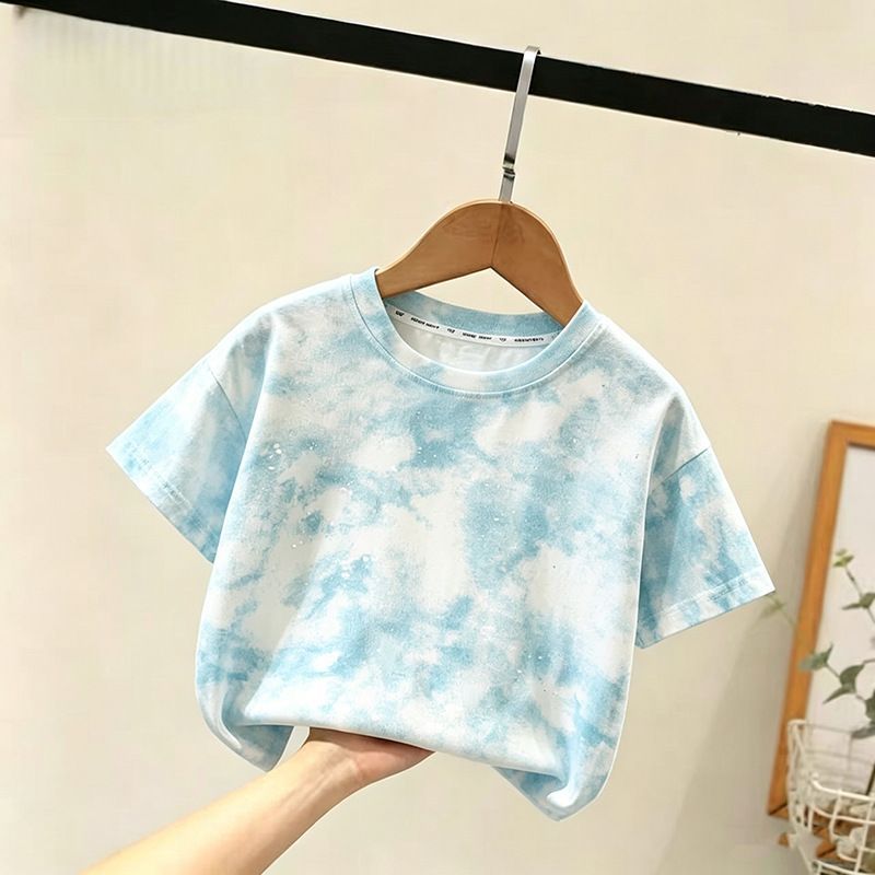 American style men's and women's 2026 new style tie-dye short-sleeved t-shirt with starry sky pattern, summer solid color round neck casual top for toddlers and children