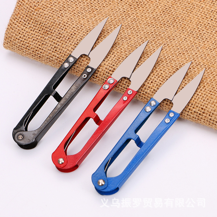 W Type U Plastic Spring Yarn scissors Cross stitch Thread Fishing Scissors sewing Bagged household colour Scissors