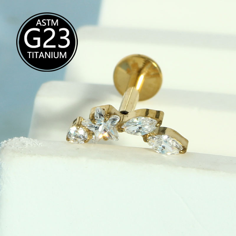 16G G23 Titanium Inlaid Zirconia Star Flat Bottom Internally Threaded Labret Ear Cartilage Lip Piercing Earrings detail image 7