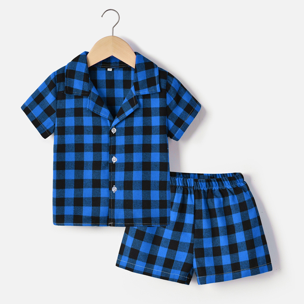 2024 comercio exterior ropa para niños y niñas rebeca de manga corta a cuadros con solapa de verano pantalones cortos elástico pijamas kids de dos piezas
