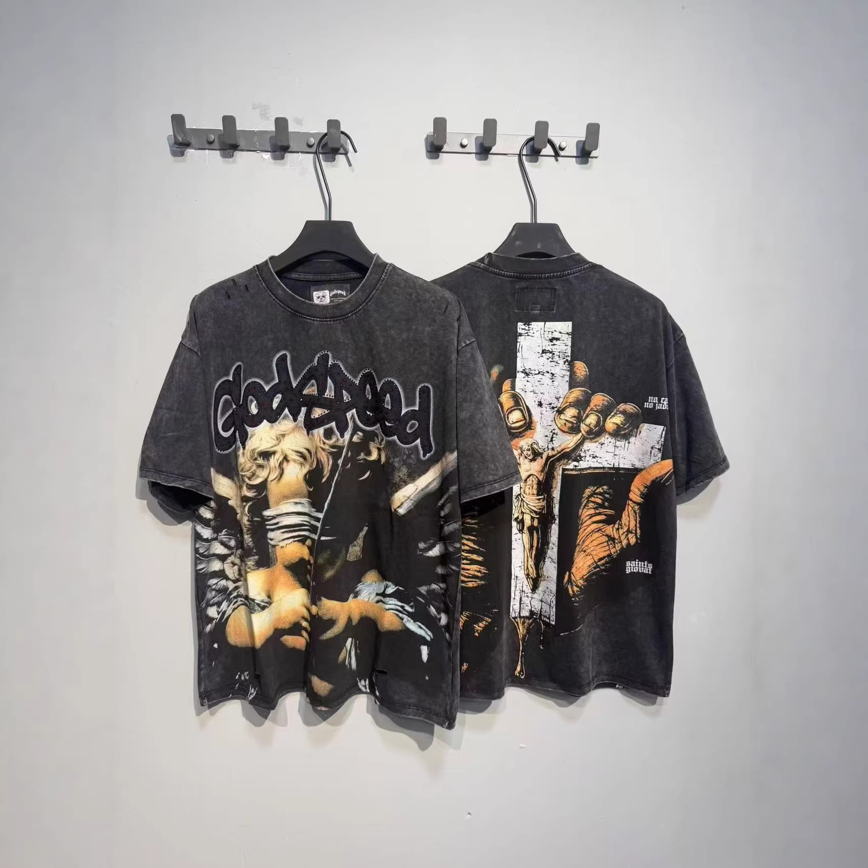 Camiseta de Algodón GD de Manga Corta, Corte Holgado, Estampado de Calavera y Lavado Desgastado