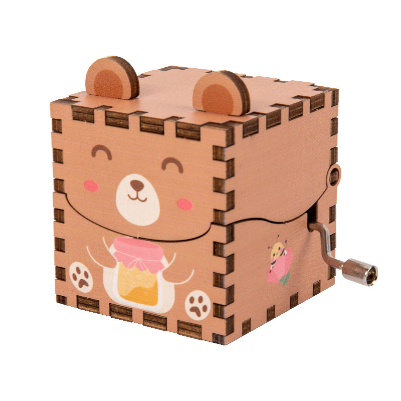 Caja de música de madera para niños DIY hecho a mano animales de dibujos animados regalos para niños pequeños puestos decorados con cajas de música de manivela juguetes