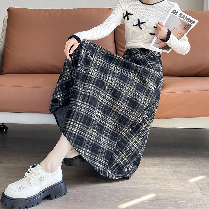 GraceChic GraceChic GraceChic 2024 High Waist Slimming Side Pocket Vintage Plaid Midi Skirt Autumn Winter A2080_voghion.com