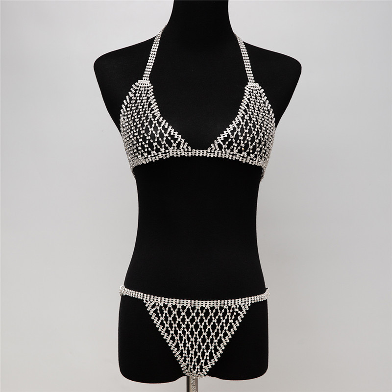 Clothing Mesh Bra Sexy Bikini Chest Chain Full Diamond Body Chain Underwear 2-piece Set