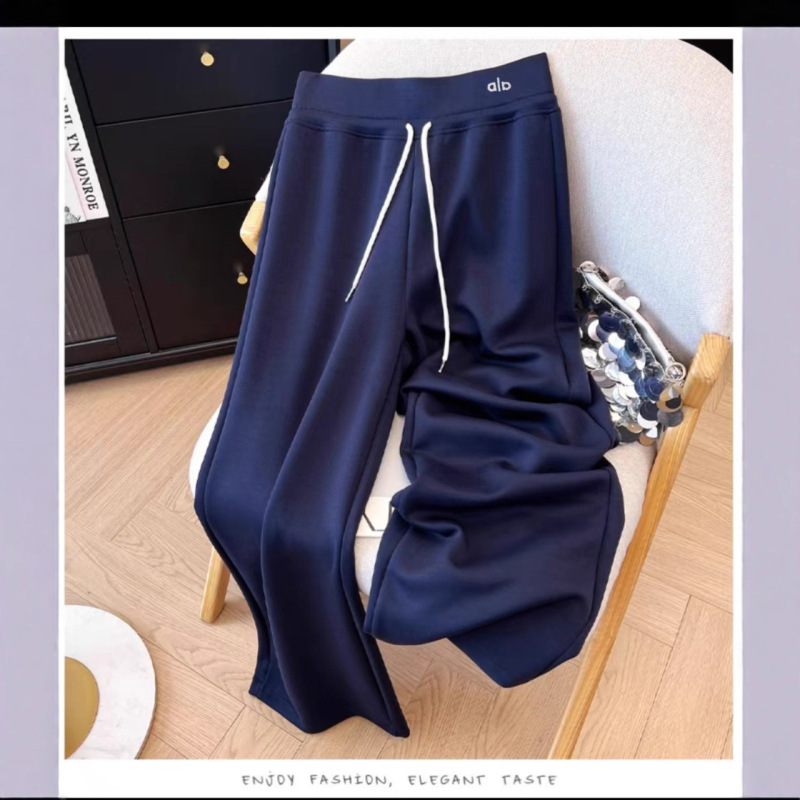 纯色空气棉微喇裤刺绣字母休闲长裤秋季韩系女高腰抽绳垂感阔腿裤|undefined