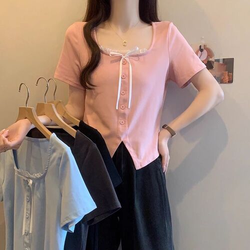 Pink Square Collar Regular Shoulder Short Sleeve Women's T-Shirt 2025 Summer MM Slimming Bowknot Lace Splicing Short-sleeve Top