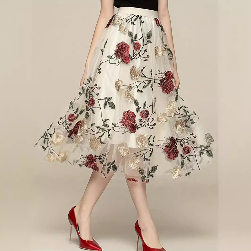 Retro High-Waisted Embroidered Peony Large Flower S-5Xl Multi-Size Fashionable and Sweet Mesh Mid-Length Fairy Skirt
