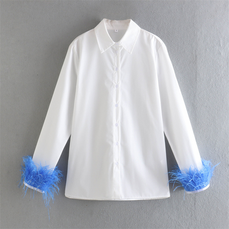 Cross-border wholesale AliExpress European and American women's clothing 2022 spring new lapel loose cuff feather decoration white shirt Cross-border wholesale AliExpress European and American women's clothing 2022 spring new lapel loose cuff feather decoration white shirt