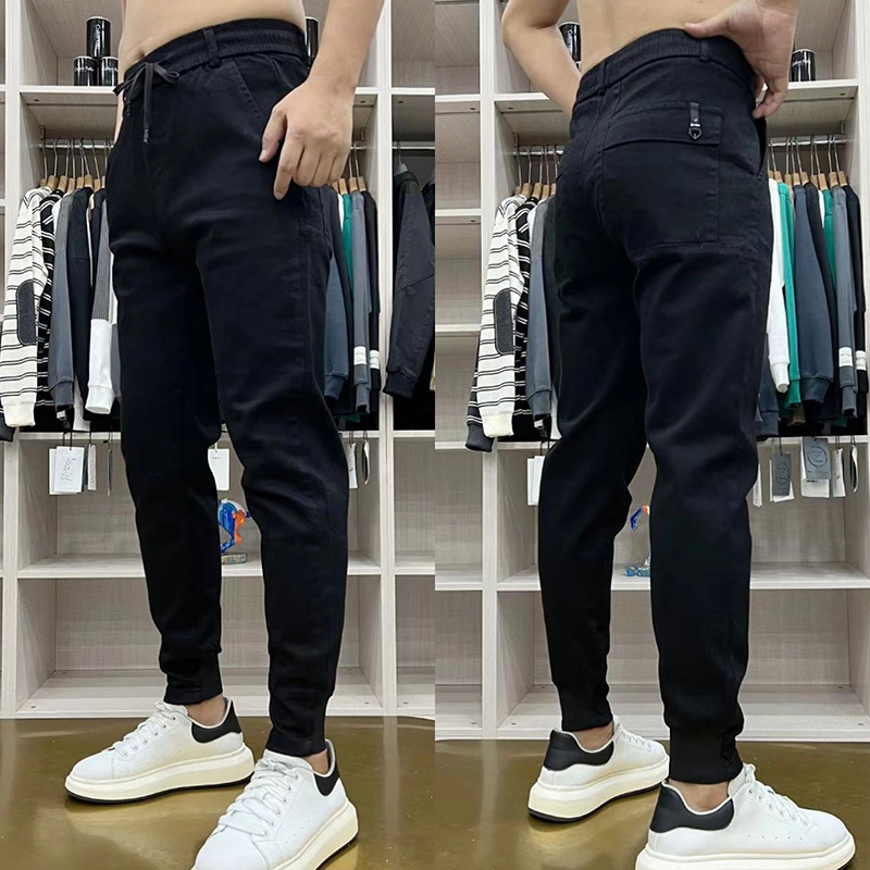 2024 Printemps/Été Nouveau Petit Jean Noir Homme Polyvalent Slim Fit Jambe Serrée Décontracté Élastique Tendance Harun Pantalon_voghion.com