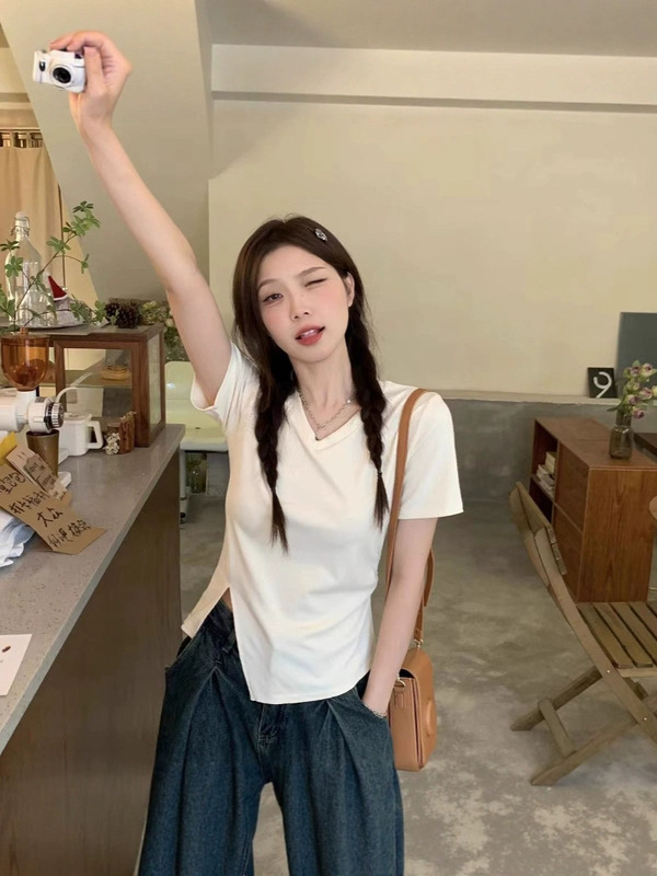 夏に太った女性のための肉感カバー、スリムフィット、スリット入り半袖シャツ、お腹カバー、痩身、純粋な欲望、ショートホワイトショルダートップ、痩身|undefined