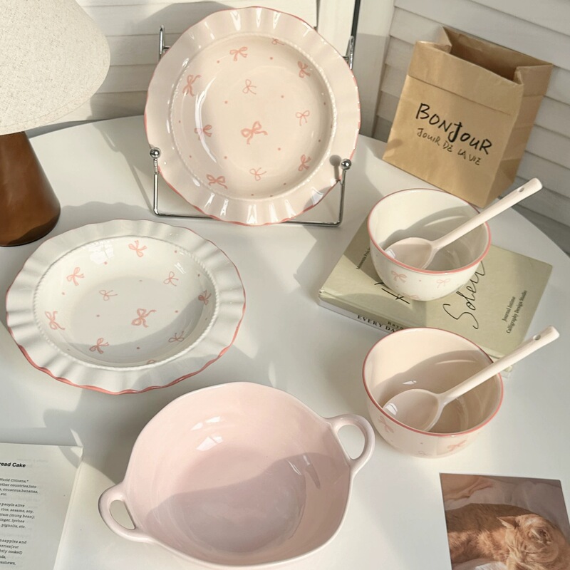 Pink Ins Style Bow Ceramic Tableware Set Noodle Bowl Household Rice Bowl Plate Underglaze Color Beautiful Girly Heart