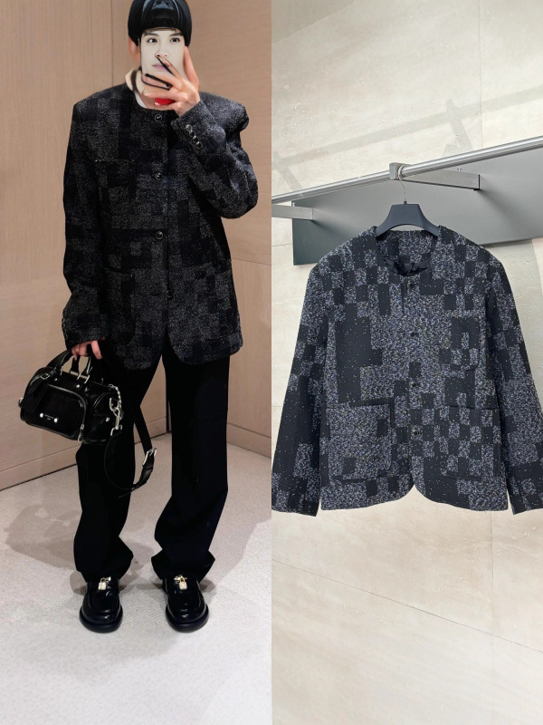 天花板品质 25潮牌新款V家提花棋盘格经纬纱无领西装外套男女同款|undefined