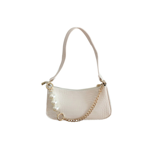 2024 new textured one-shoulder cross-body armpit bag ins simple and low-key crocodile pattern gold chain pearl bag