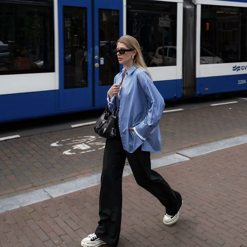 European and American Style Cross-Border Women's Clothing 2023 Retro Lapel Loose Top Long-Sleeve Striped Oxford Shirt Versatile