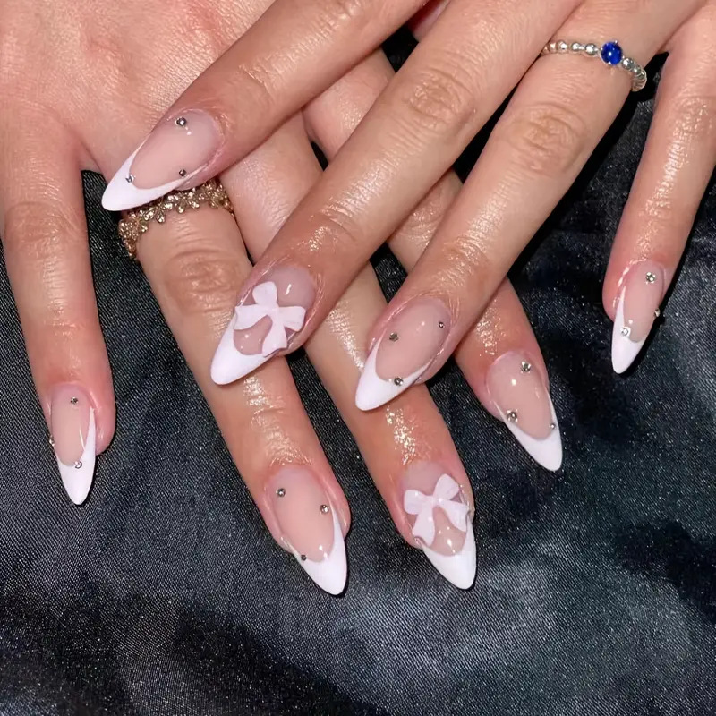 New Manicure Wear European and American Almond Bow Pink French 24 Flat Bottom Drill Wear Manicure 24 Pieces