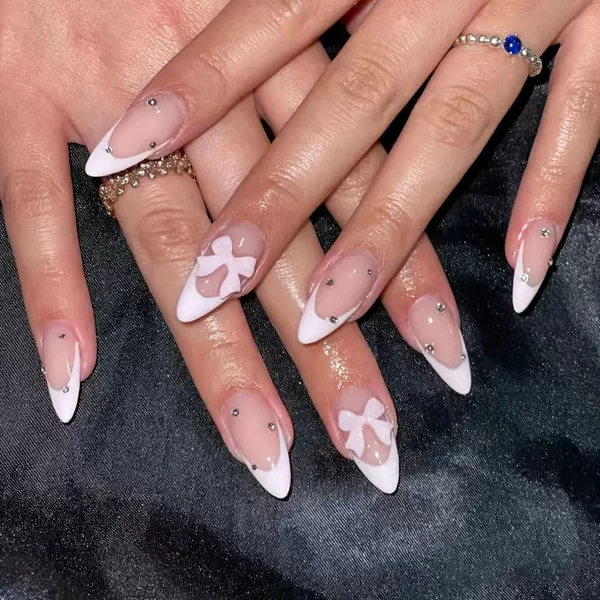 New Manicure Wear European and American Almond Bow Pink French 24 Flat Bottom Drill Wear Manicure 24 Pieces