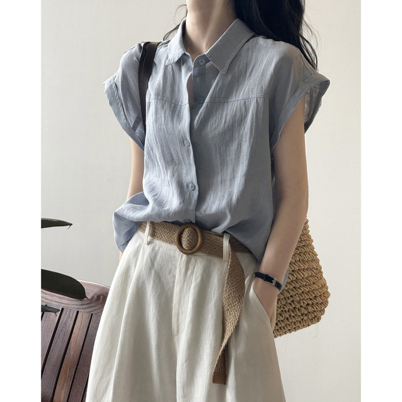 Cross-Border High-End Linen Blue Short-Sleeved Shirt for Women's Autumn Commuting Wear Shirt with Small Flying Sleeves Sleeveless Cotton and Linen Top
