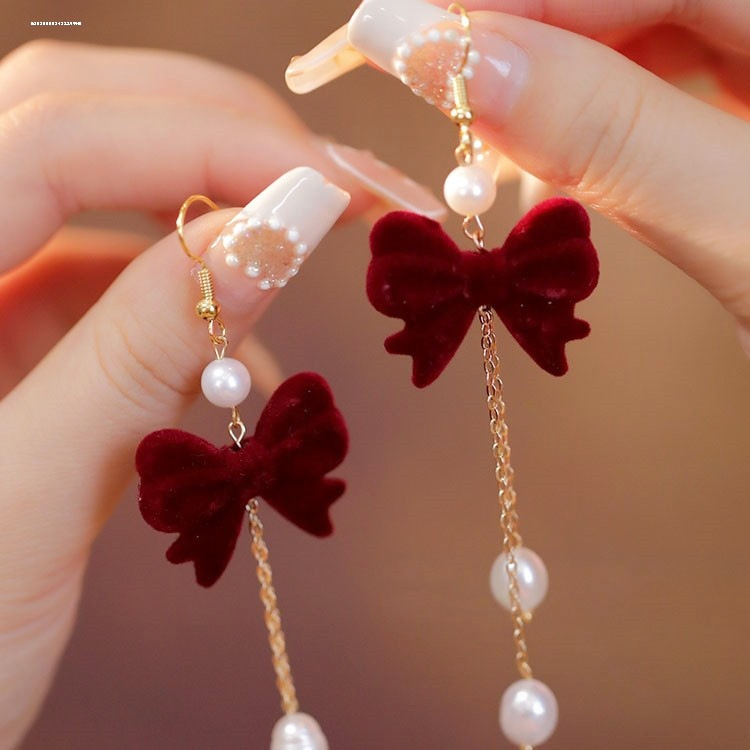 Festive red velvet bow earrings women earrings temperament sweet flower long tassel earrings earrings wholesale