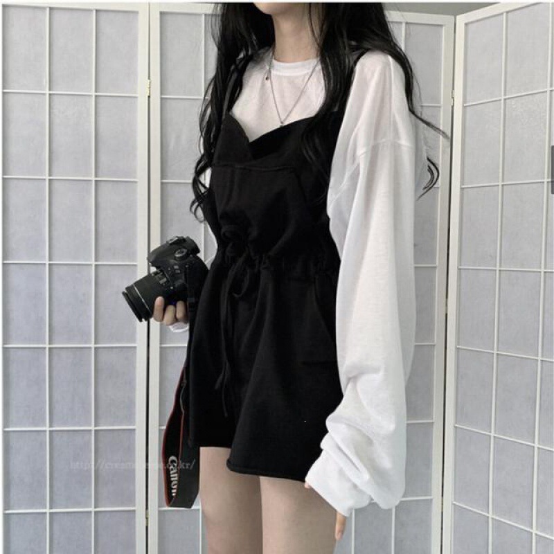 Korean Chic Elegant Casual Style Waist-Cinching Loose Shorts Overalls + Long-Sleeve Chiffon Top and Base Layer T-Shirt
