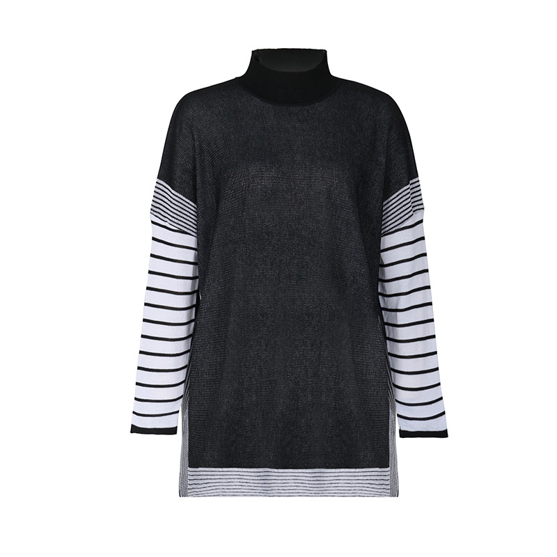 Pullover maglione mezzo dolcevita a righe con maniche a pipistrello_voghion.com