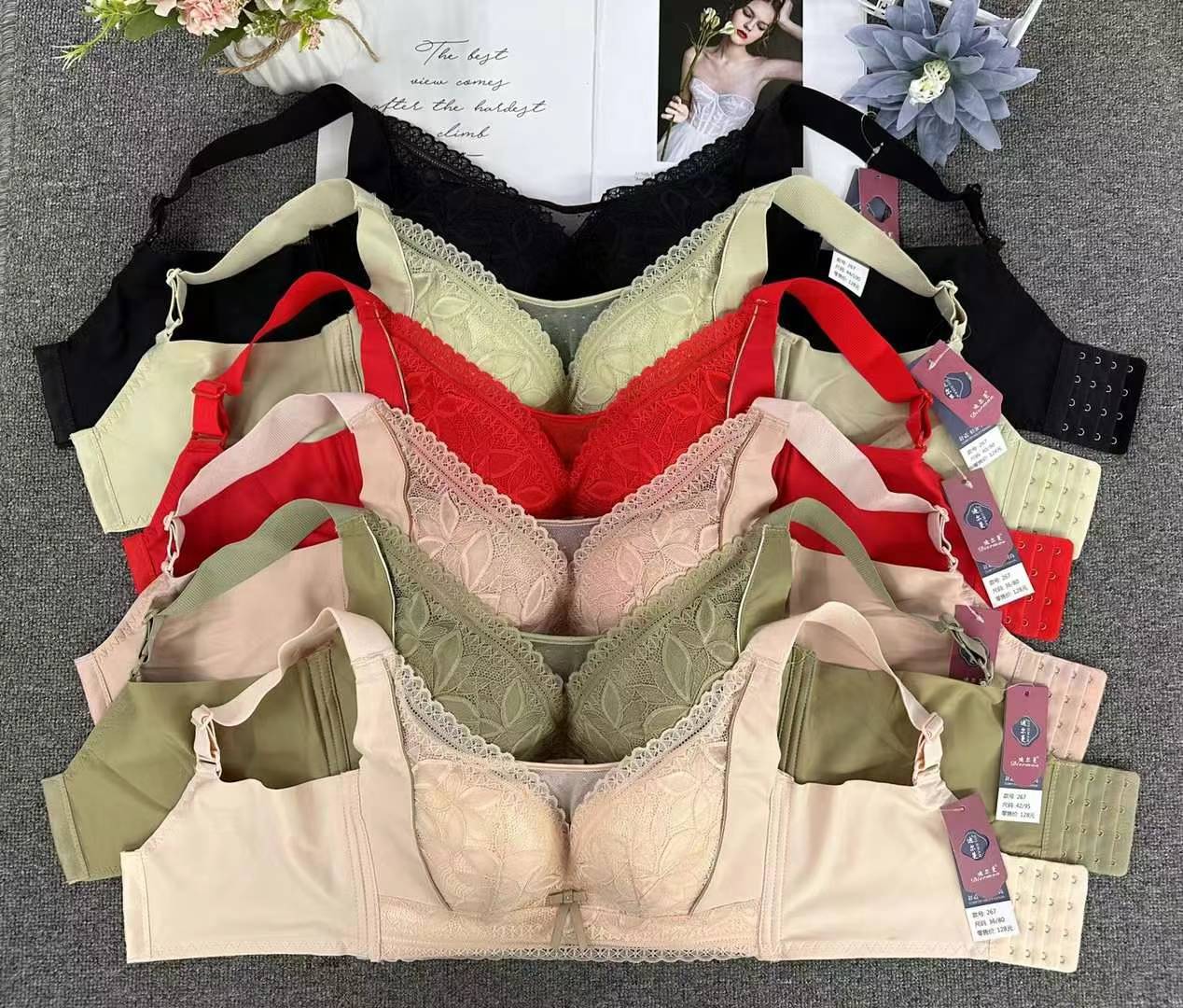 Nuevo sujetador de alta calidad de moda de encaje jacquard transpirable y cómodo ajustable anti-caída de cuatro filas de ropa interior de botón