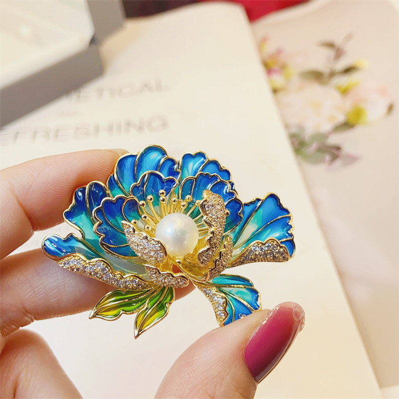 Classical Enamel Peony Flower Brooch Natural Freshwater Pearl Exquisite High-grade Chinese Style Cheongsam Hanfu Accessories Pin