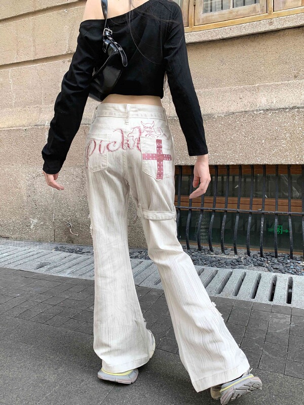 Real Shot of Plus-Size Washed Vintage Dirty-Dye Embroidered Flared Jeans for Women, Slim Fit with Drape, Wide-Leg Pants Trendy