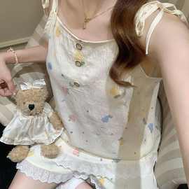 实拍夏季新款云朵棉固定胸垫吊带睡衣女甜美可爱卡通家居服套装