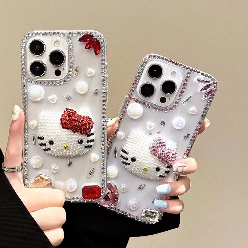Rhinestone Laser Pearl Kt Cat Mobile Phone Case Suitable for Iphone16Promax Transparent Apple 15 Luxury Women's Model 13